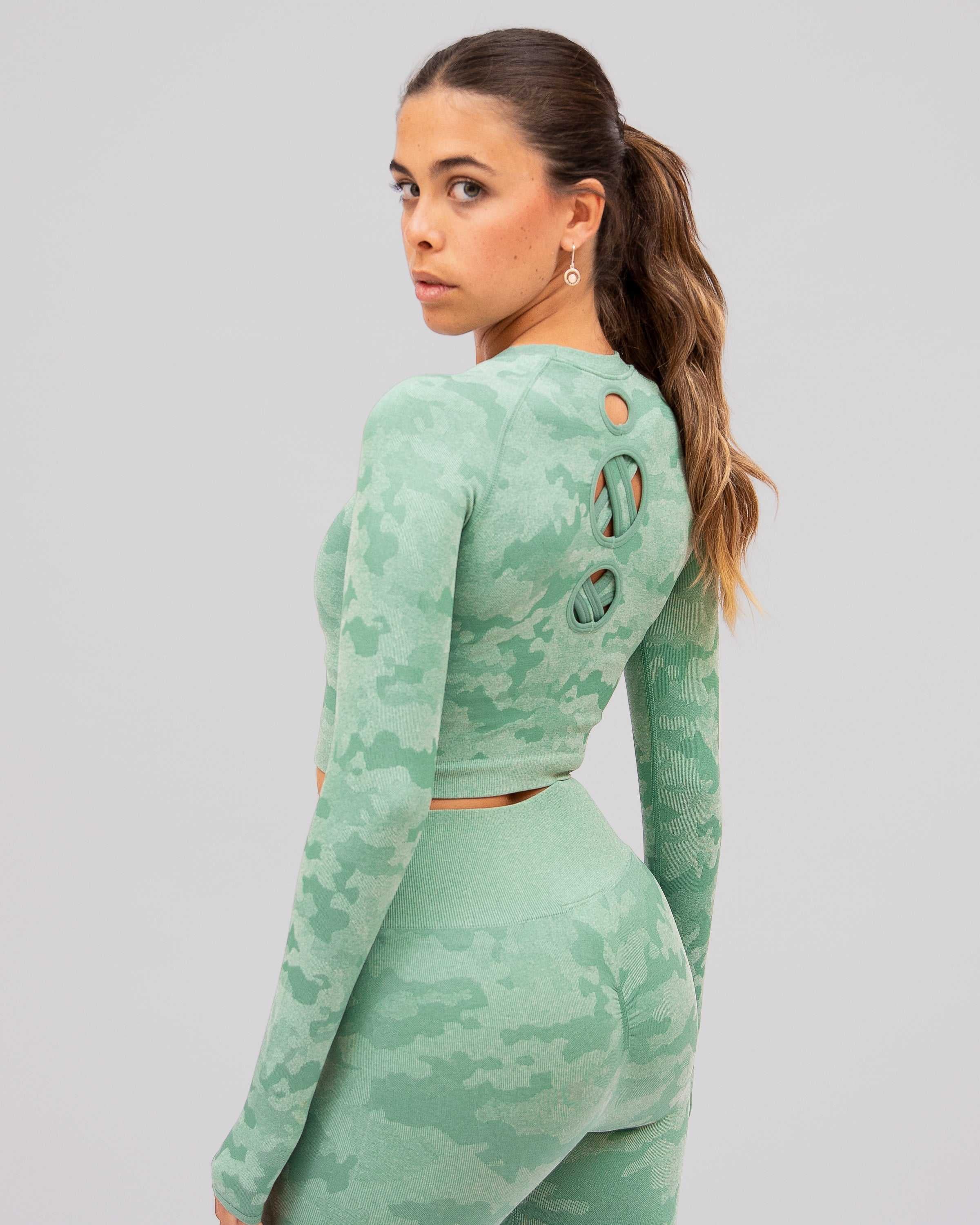 Camo Light Green Long Sleeve Crop Top