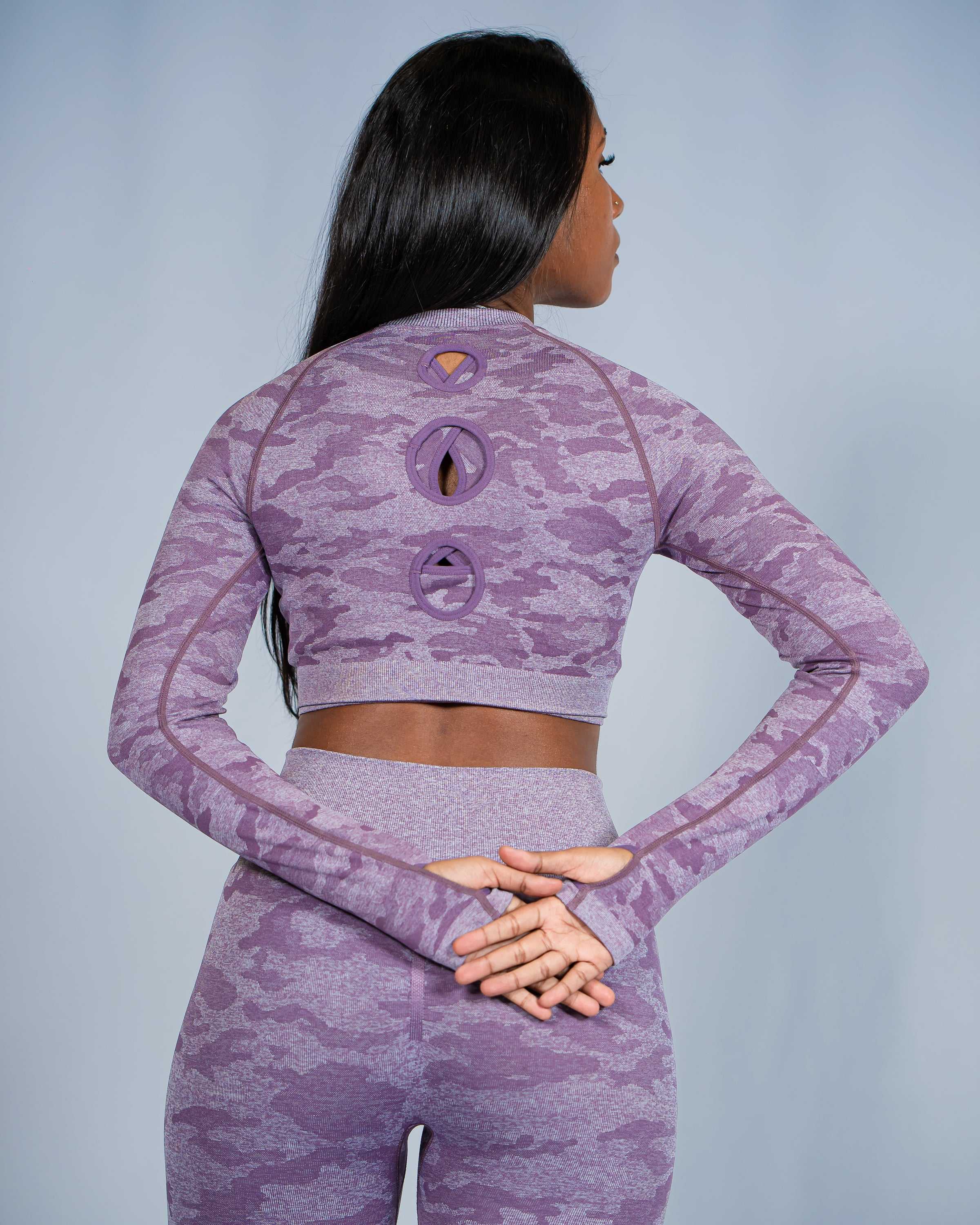 Camo Light Purple Long Sleeve Crop Top
