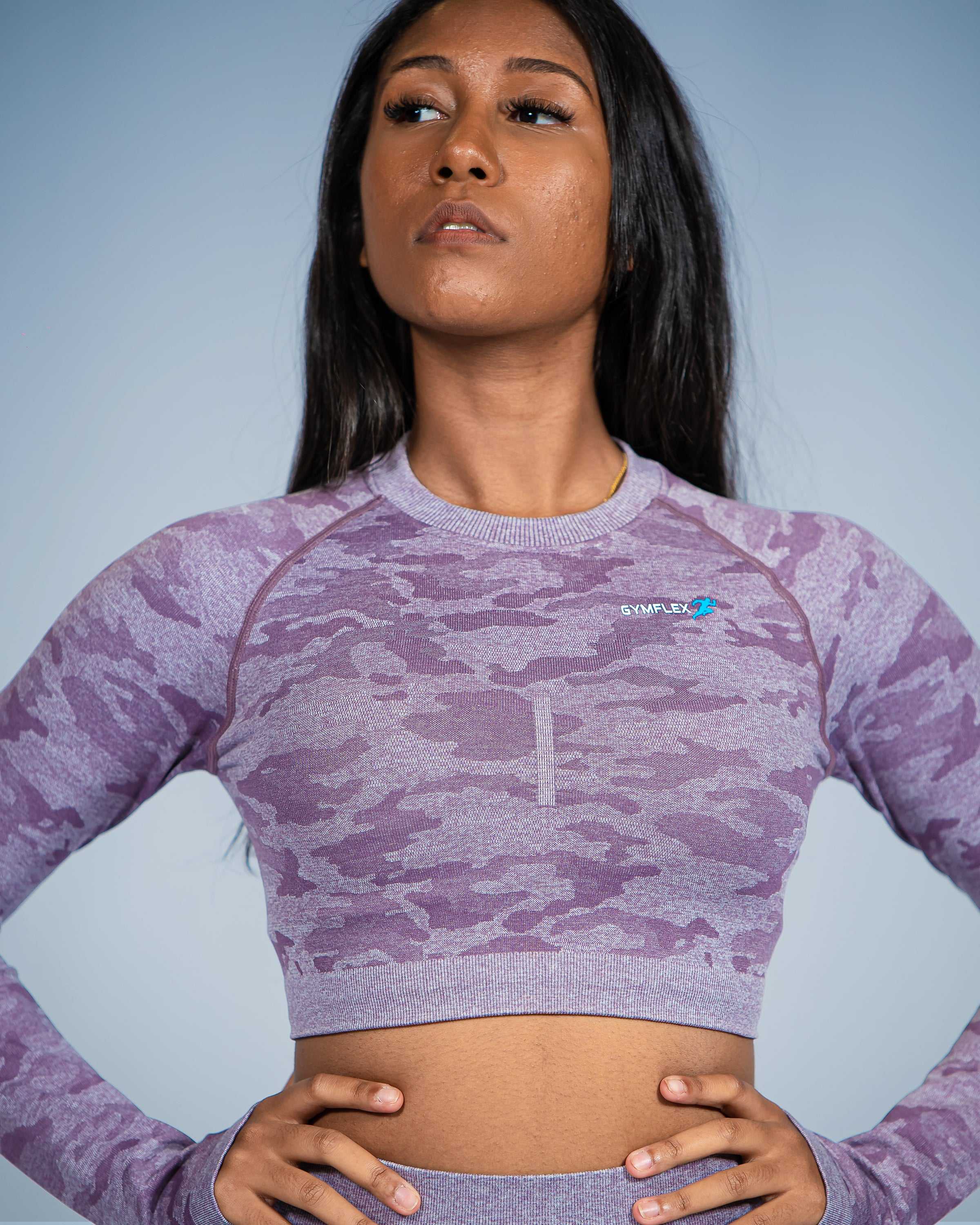 Camo Light Purple Long Sleeve Crop Top